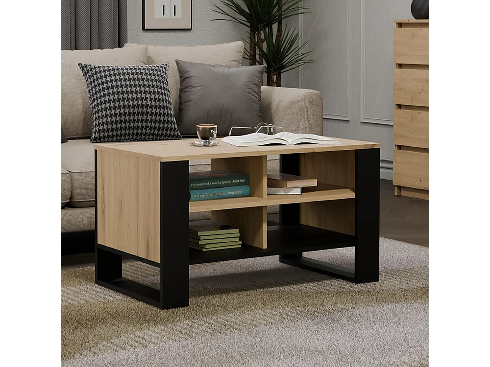 Tavolino da salotto 58x50x90 cm con 4 vani rovere e nero TST12