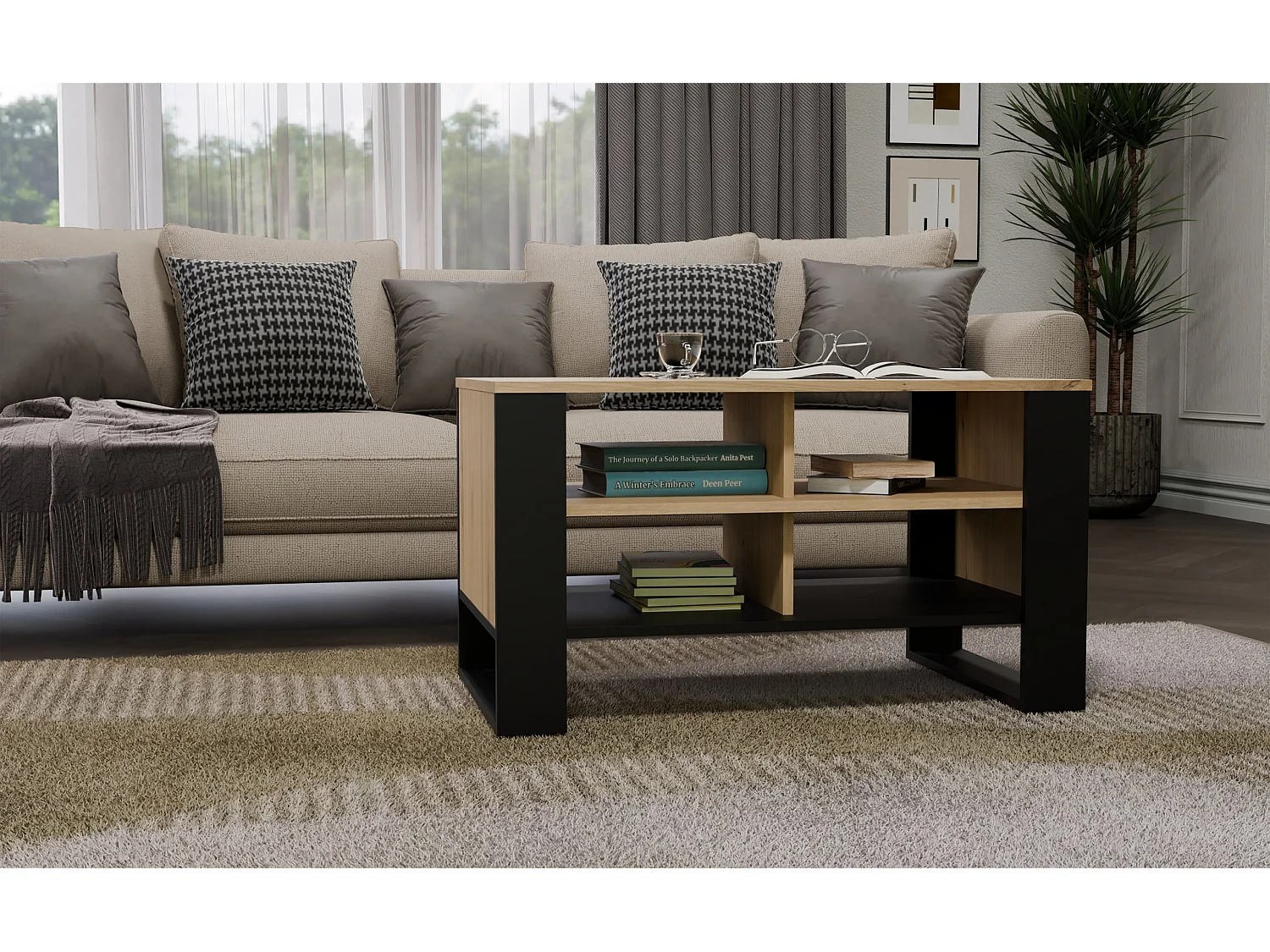 Tavolino da salotto 58x50x90 cm con 4 vani rovere e nero TST12