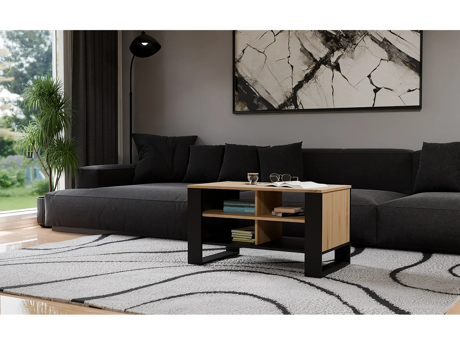 Tavolino da salotto 58x50x90 cm con 4 vani rovere e nero TST12