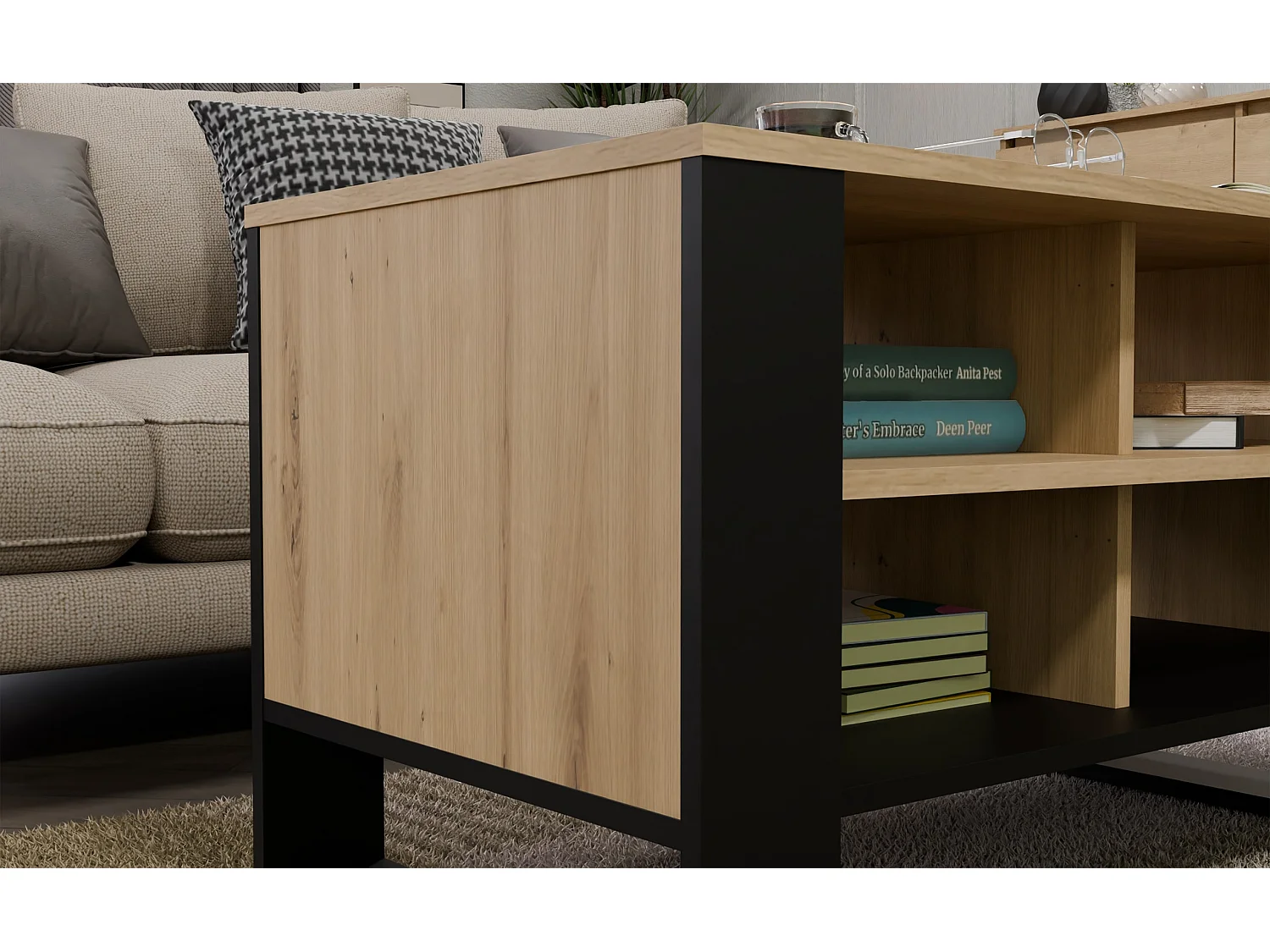 Tavolino da salotto 58x50x90 cm con 4 vani rovere e nero TST12