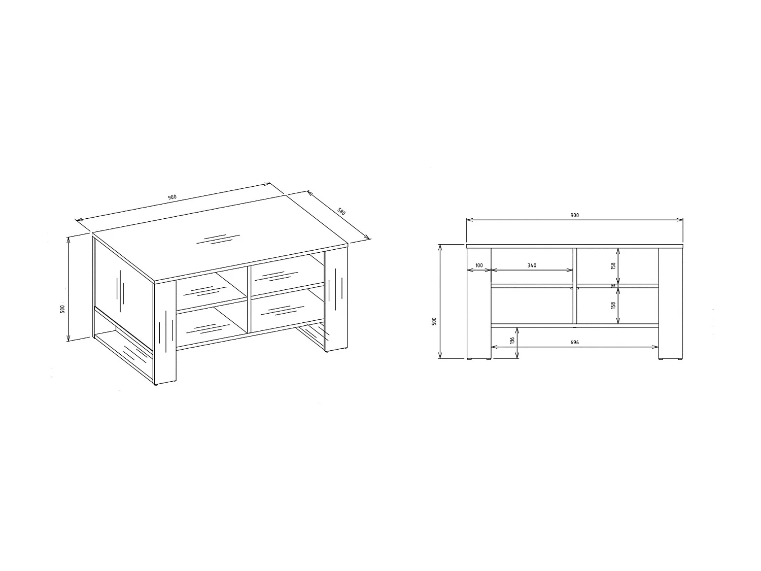 Tavolino da salotto 58x50x90 cm con 4 vani rovere e nero TST12
