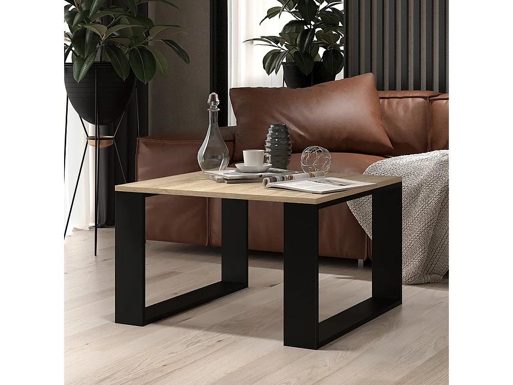 Tavolino da salotto essenziale 67x67x40 cm rovere chiaro e nero TST6