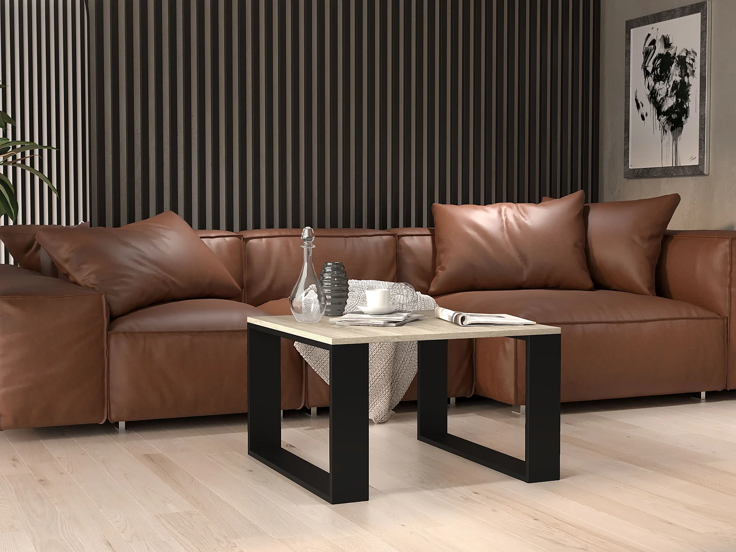 Tavolino da salotto essenziale 67x67x40 cm rovere chiaro e nero TST6