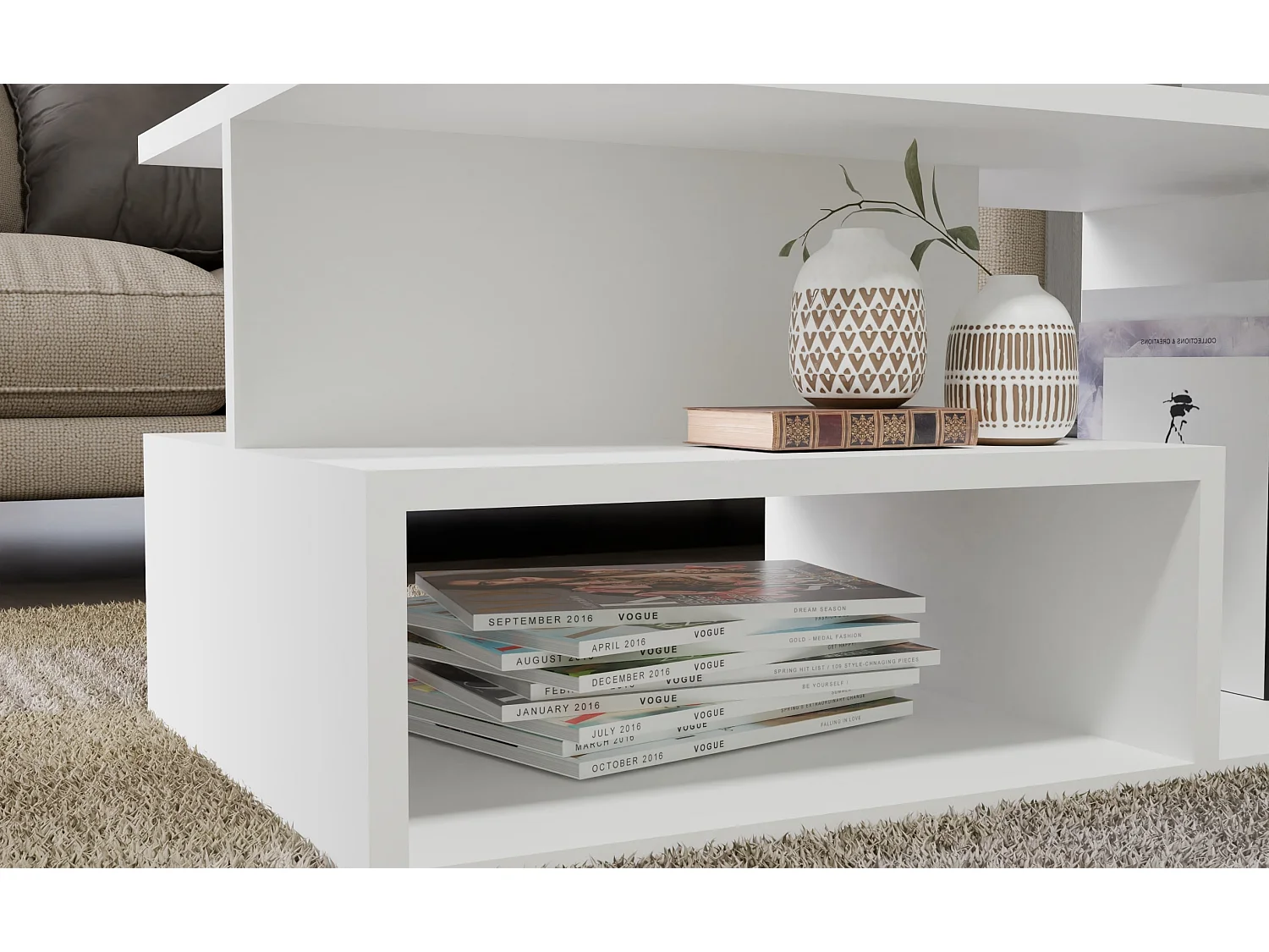 Tavolino da salotto 91x51x43 cm con vani a giorno bianco opaco TST4