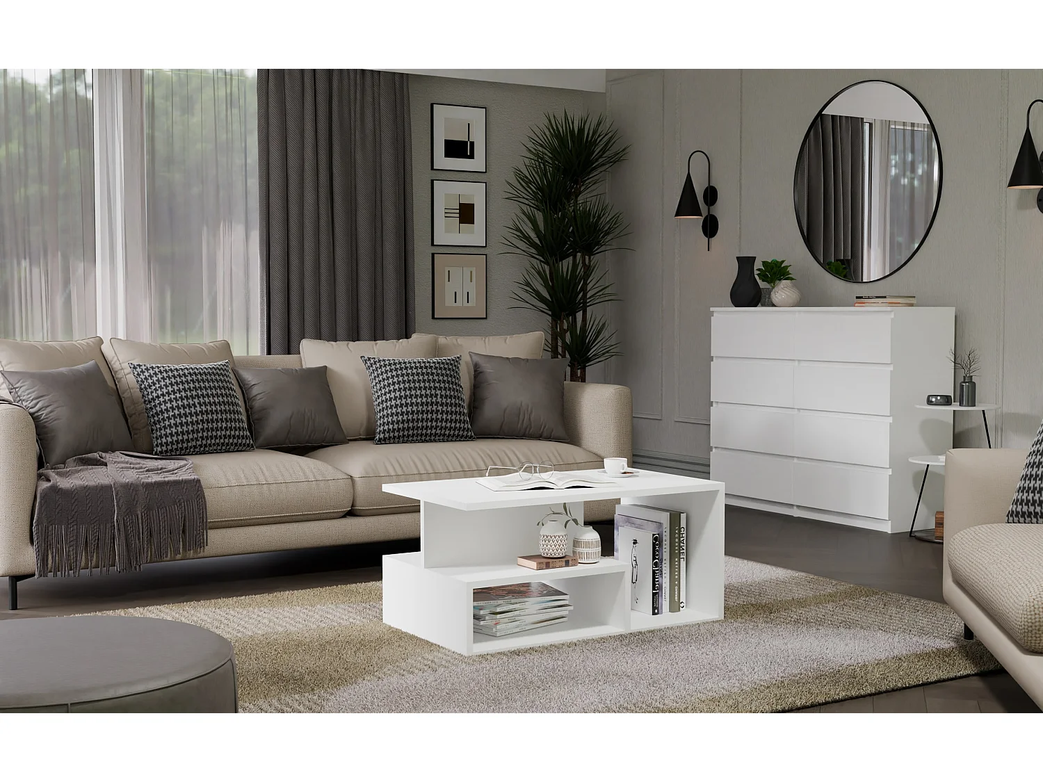 Tavolino da salotto 91x51x43 cm con vani a giorno bianco opaco TST4