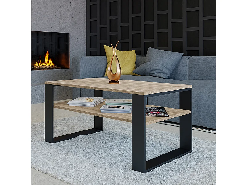 Tavolino da salotto moderno 58x50x90 cm con 2 ripiani rovere chiaro e nero TST9