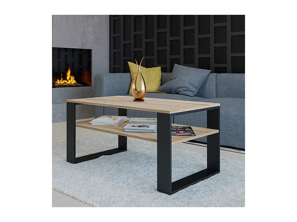 Tavolino da salotto moderno 58x50x90 cm con 2 ripiani rovere chiaro e nero TST9