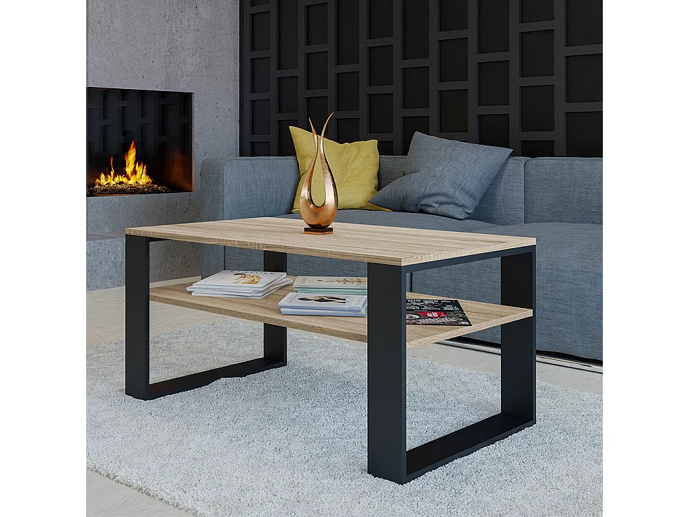 Tavolino da salotto moderno 58x50x90 cm con 2 ripiani rovere chiaro e nero TST9