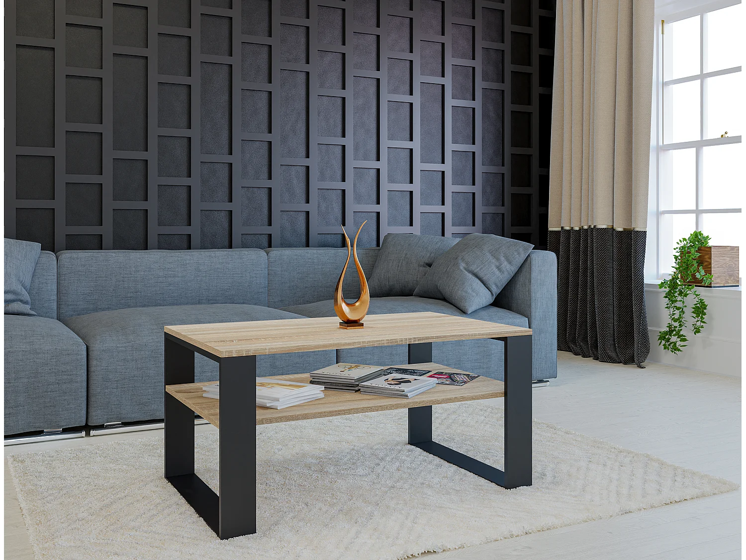 Tavolino da salotto moderno 58x50x90 cm con 2 ripiani rovere chiaro e nero TST9