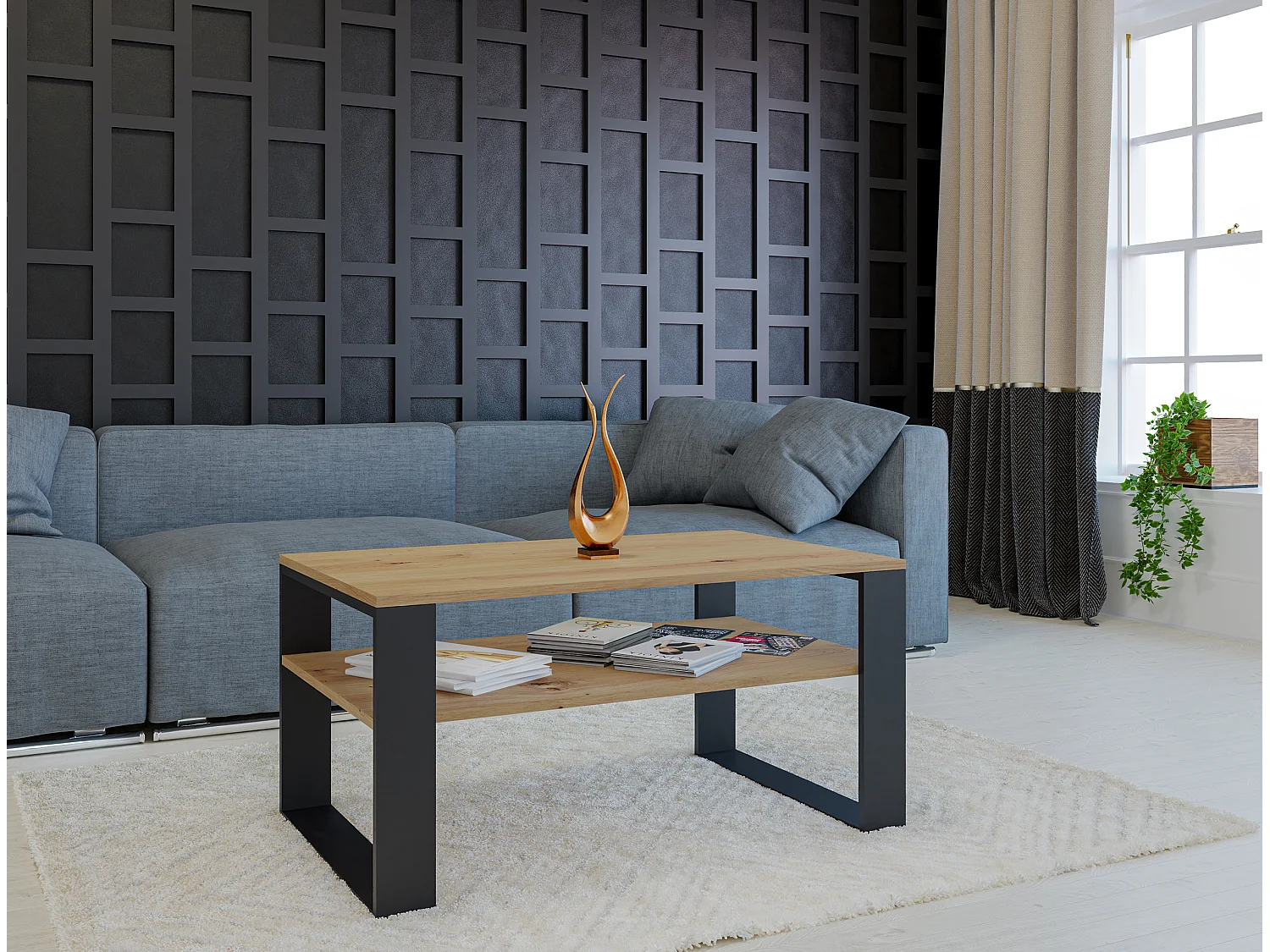 Tavolino da salotto moderno 58x50x90 cm con 2 ripiani rovere e nero TST9