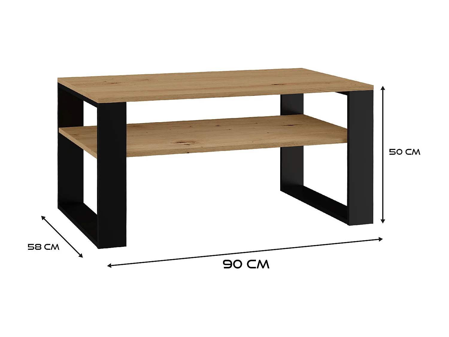 Tavolino da salotto moderno 58x50x90 cm con 2 ripiani rovere e nero TST9