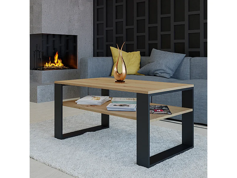 Tavolino da salotto moderno 58x50x90 cm con 2 ripiani rovere e nero TST9