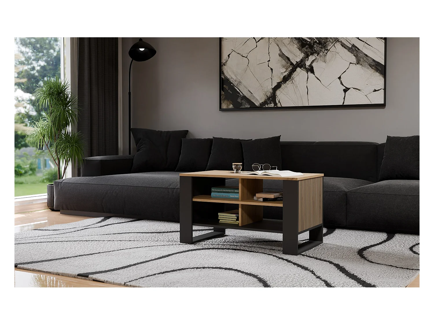 Tavolino salotto 58x50x90 cm con doghe laterali rovere e nero TST13