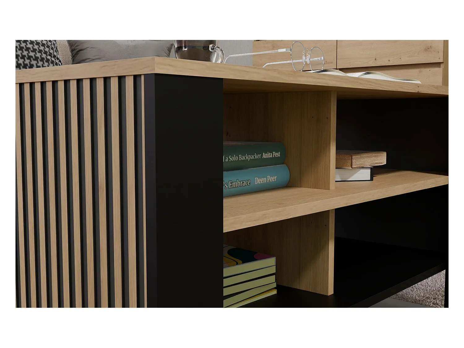 Tavolino salotto 58x50x90 cm con doghe laterali rovere e nero TST13