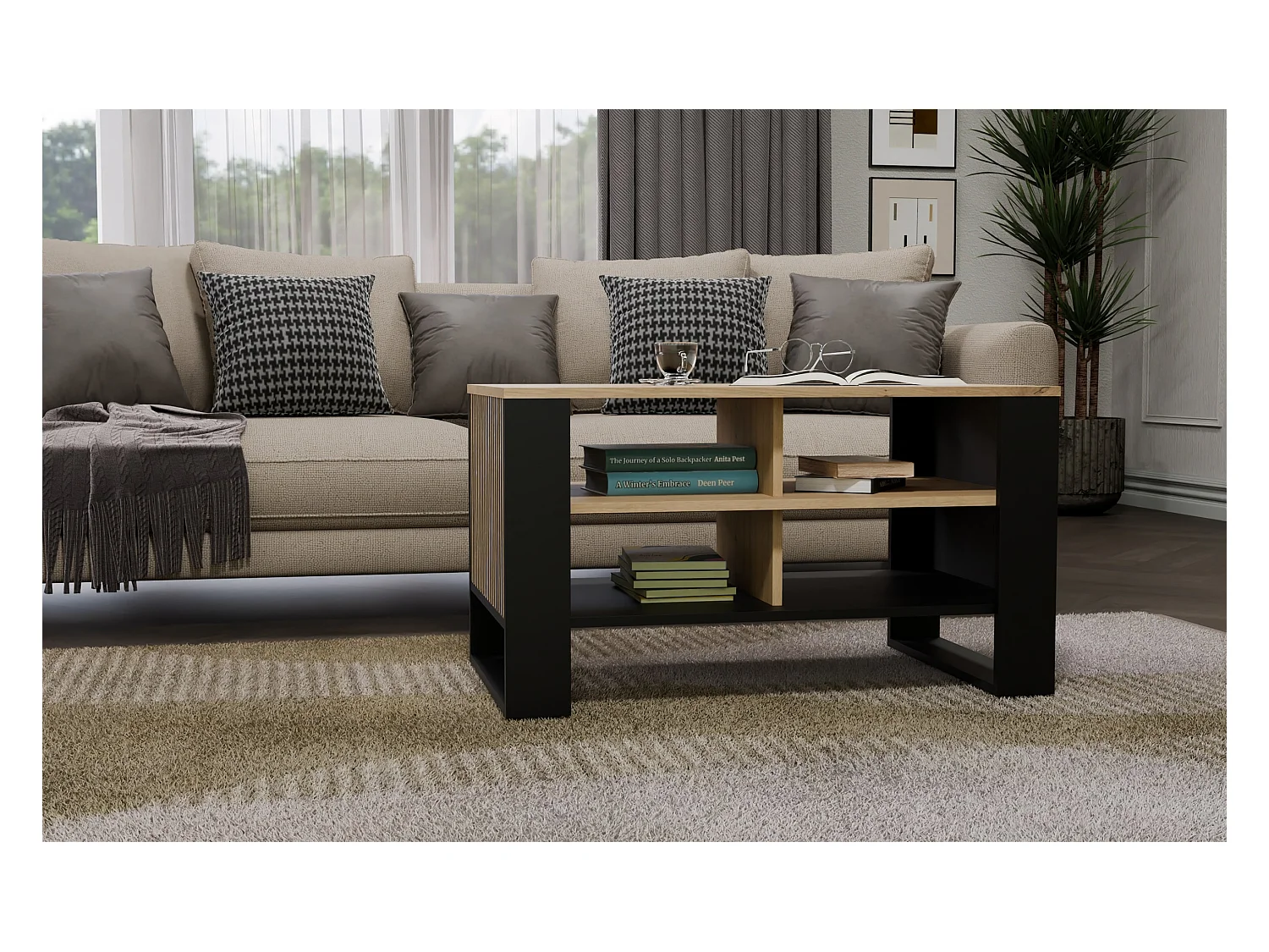 Tavolino salotto 58x50x90 cm con doghe laterali rovere e nero TST13