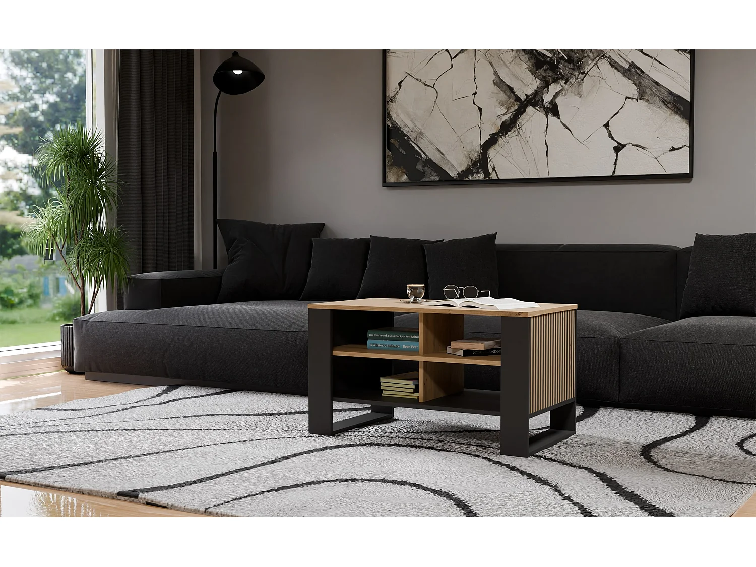 Tavolino salotto 58x50x90 cm con doghe laterali rovere e nero TST13