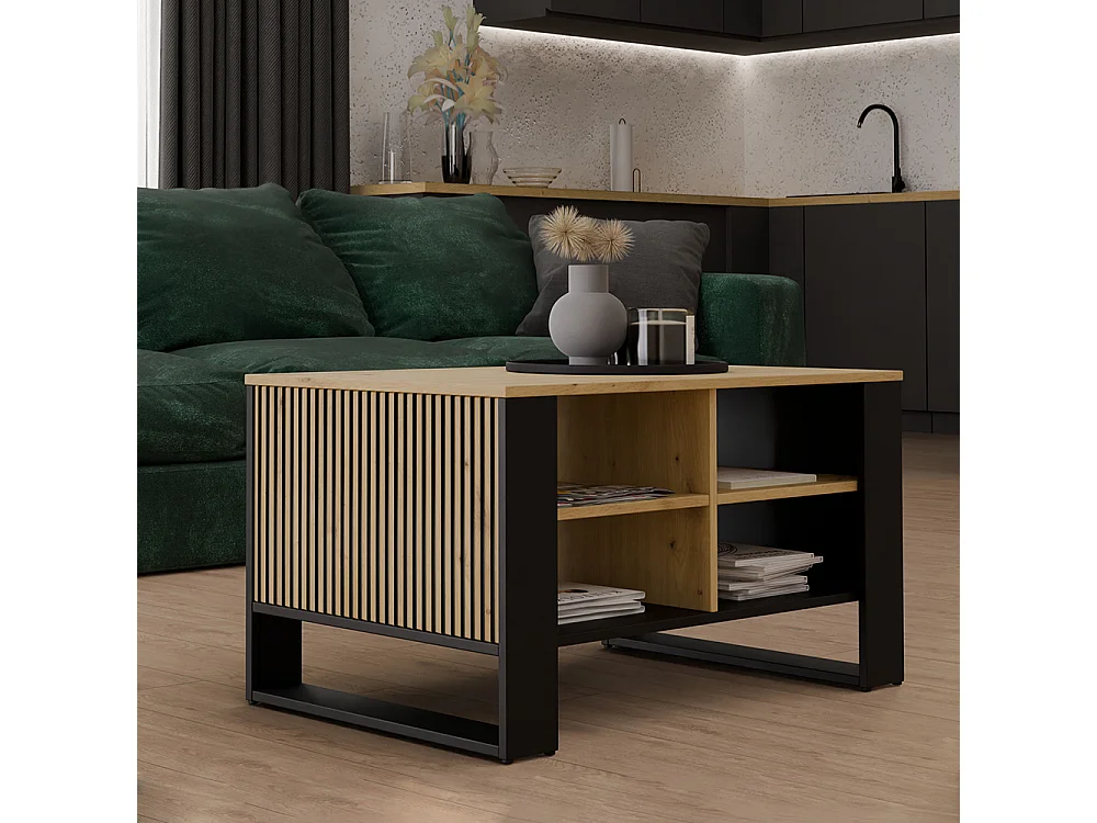 Tavolino salotto 58x50x90 cm con doghe laterali rovere e nero TST13