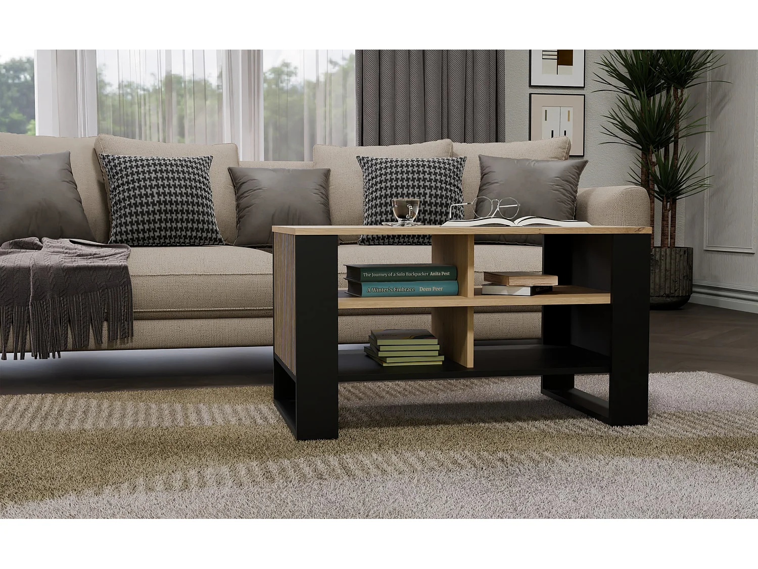 Tavolino salotto 58x50x90 cm con doghe laterali rovere e nero TST13