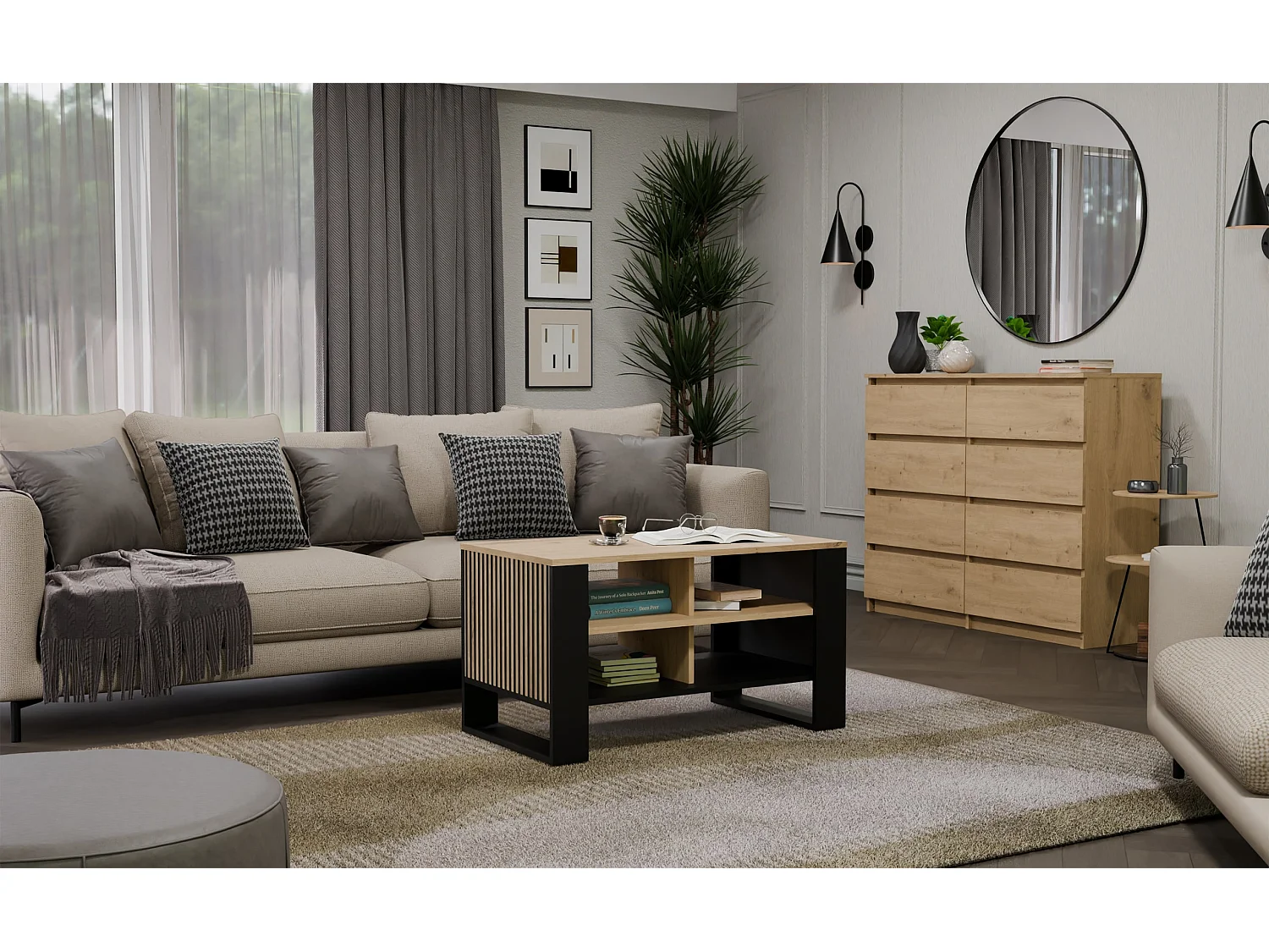 Tavolino salotto 58x50x90 cm con doghe laterali rovere e nero TST13