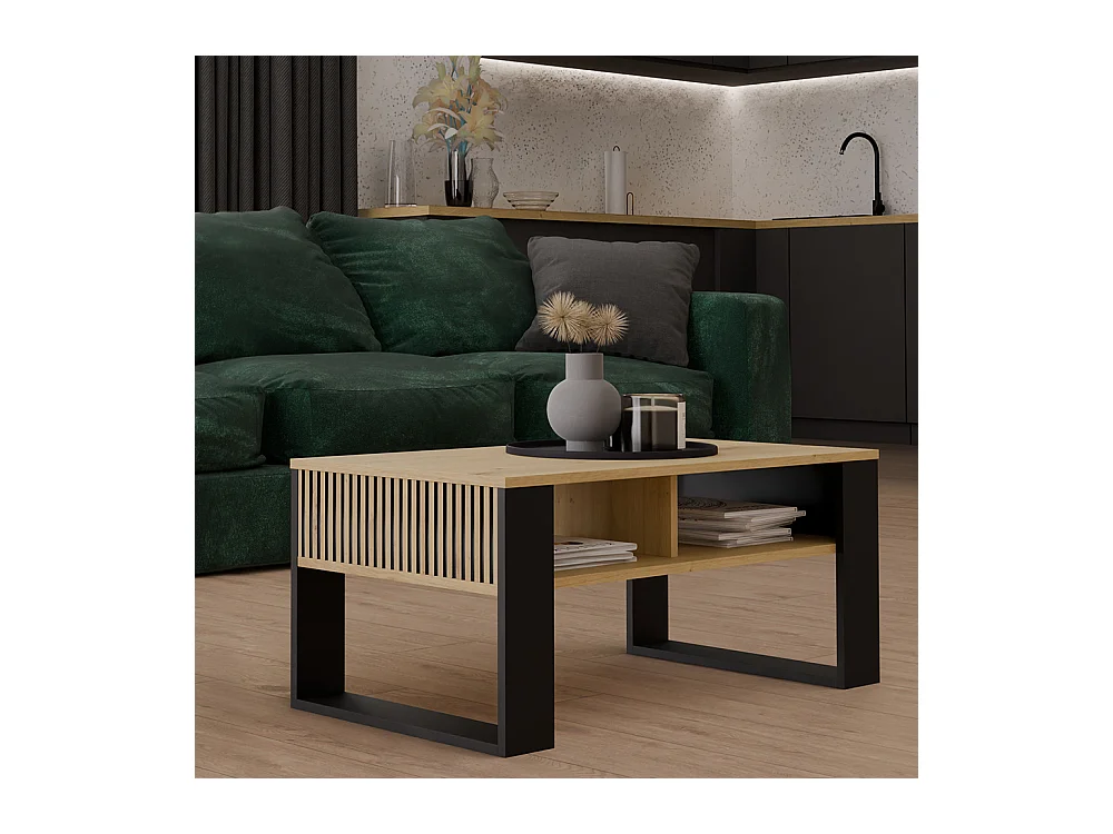 Tavolino da salotto moderno 58x50x90 cm con scanalature rovere e nero TST11