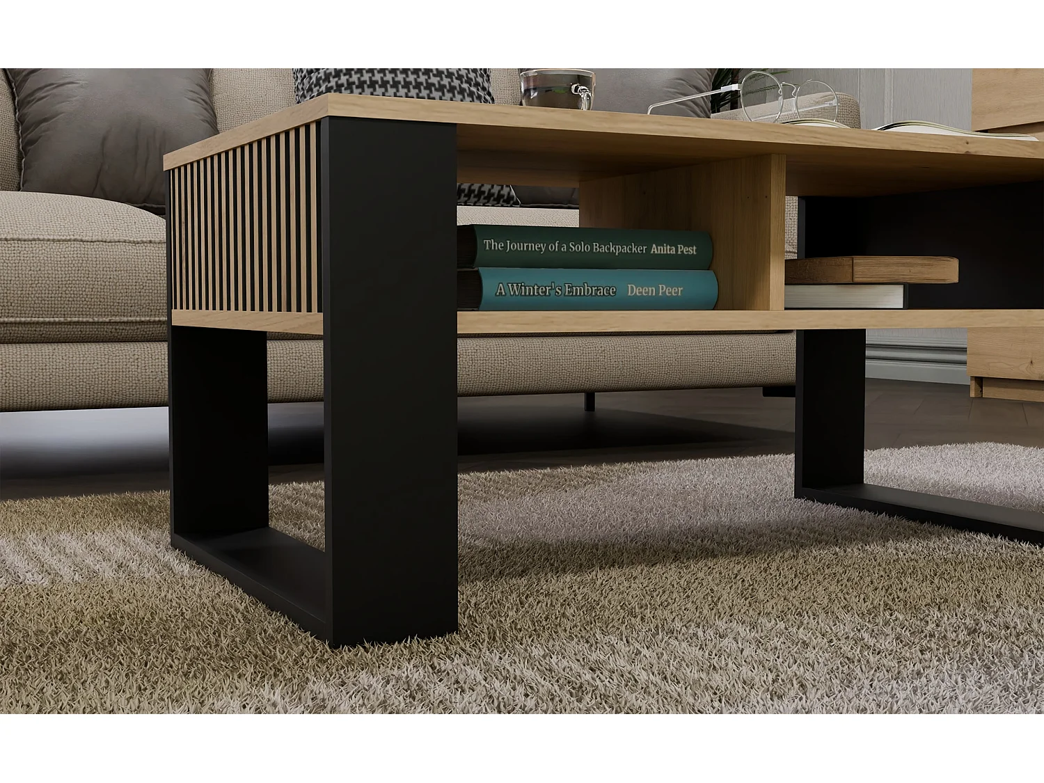 Tavolino da salotto moderno 58x50x90 cm con scanalature rovere e nero TST11