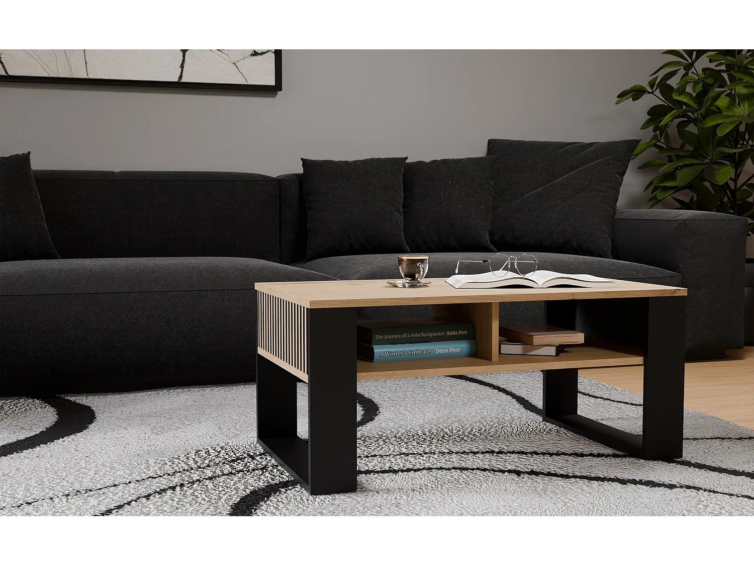 Tavolino da salotto moderno 58x50x90 cm con scanalature rovere e nero TST11