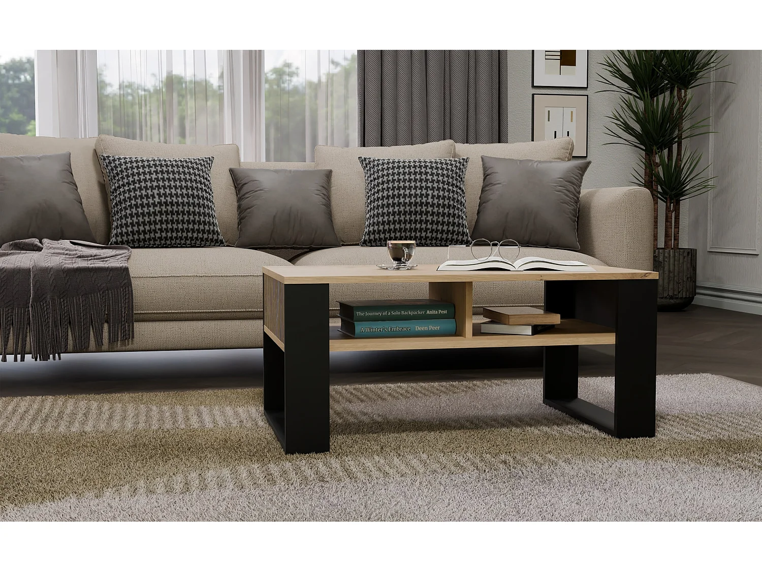 Tavolino da salotto moderno 58x50x90 cm con scanalature rovere e nero TST11