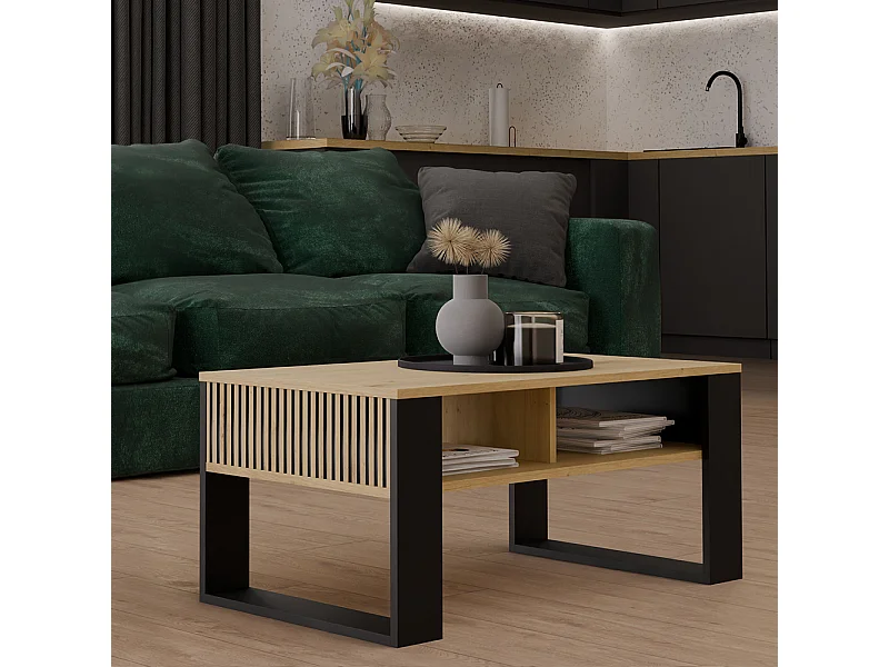 Tavolino da salotto moderno 58x50x90 cm con scanalature rovere e nero TST11