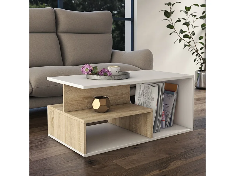 Tavolino da salotto 91x51x43 cm con vani a giorno bianco/rovere TST4