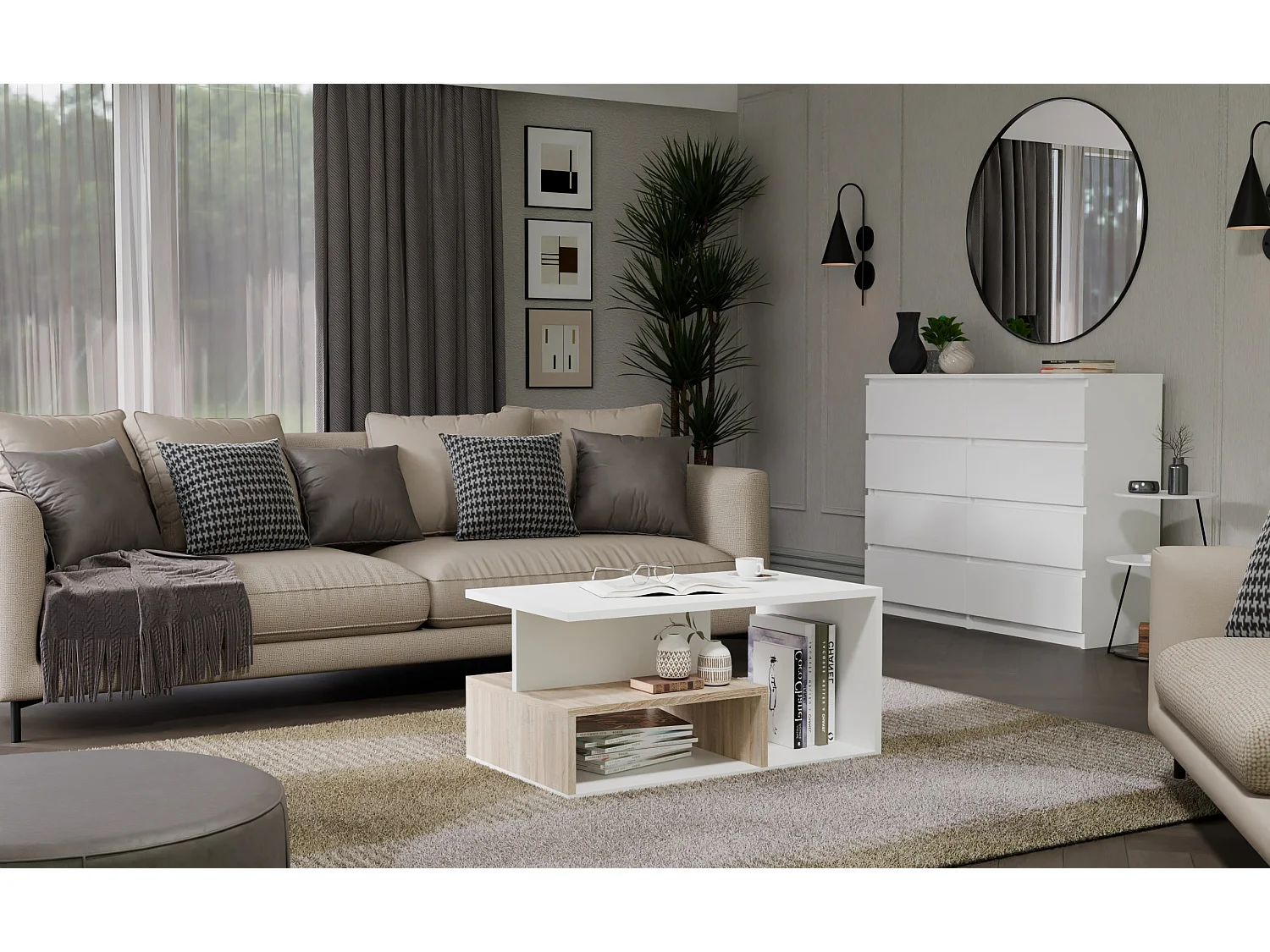 Tavolino da salotto 91x51x43 cm con vani a giorno bianco/rovere TST4