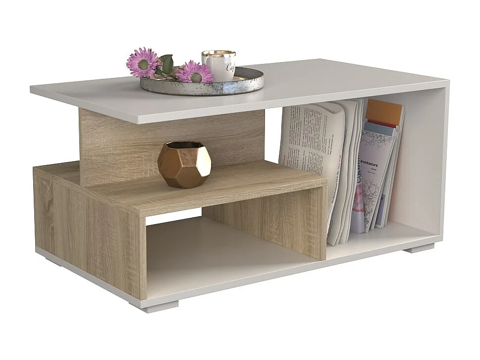 Tavolino da salotto 91x51x43 cm con vani a giorno bianco/rovere TST4