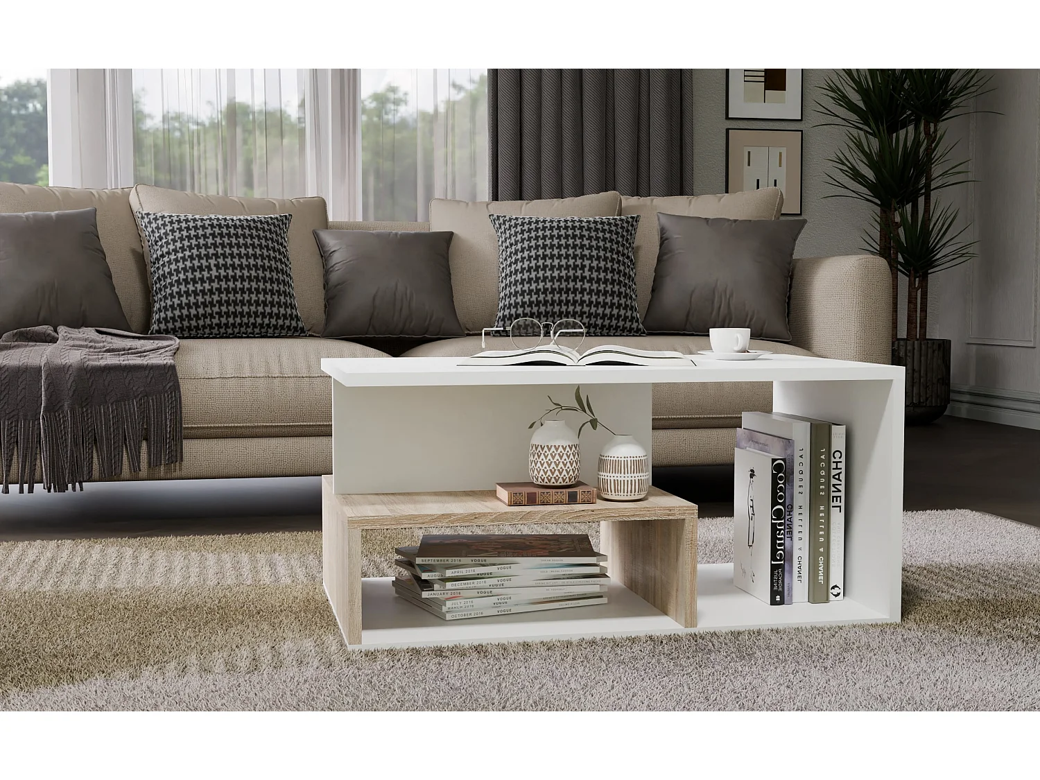 Tavolino da salotto 91x51x43 cm con vani a giorno bianco/rovere TST4