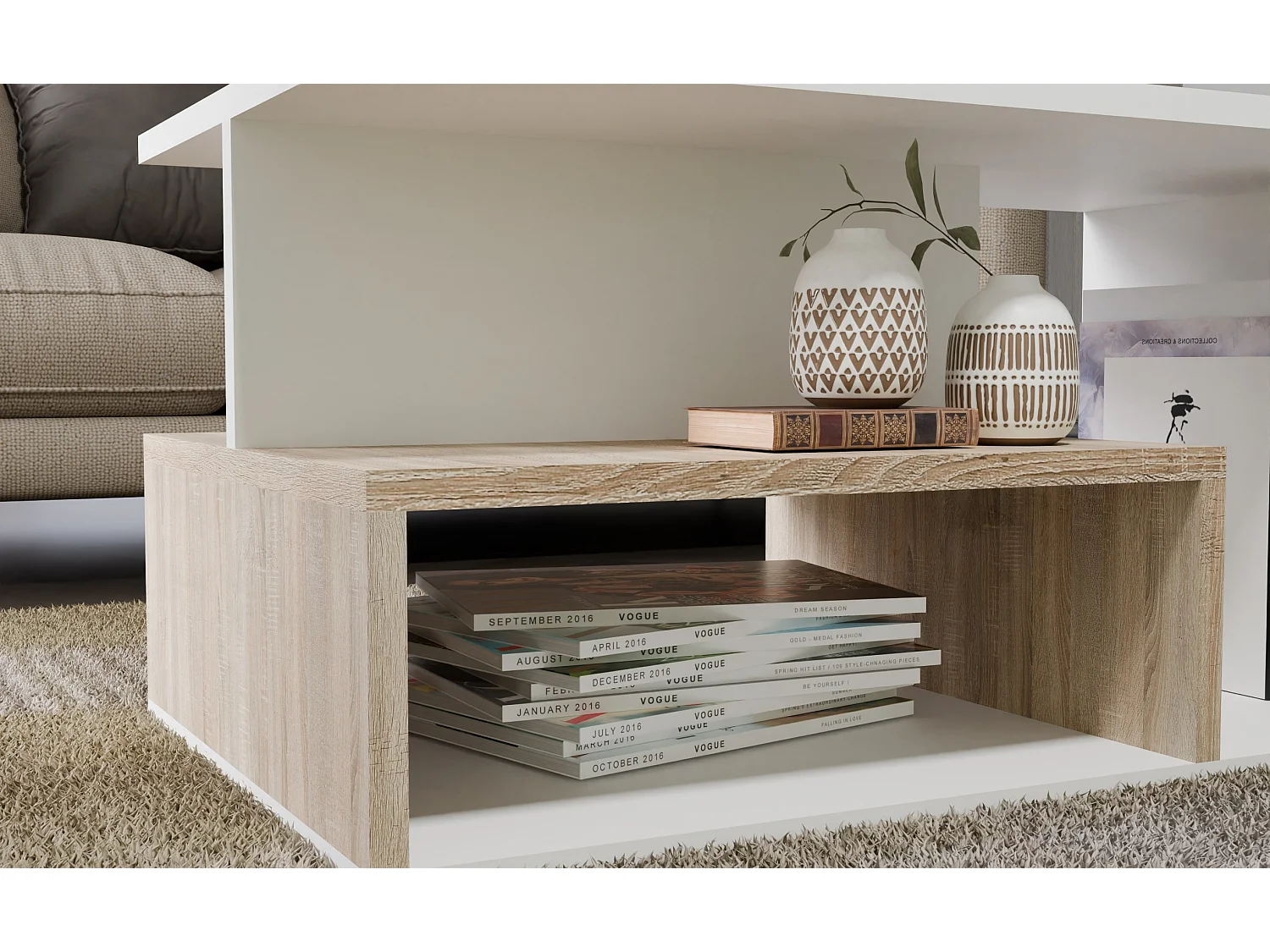 Tavolino da salotto 91x51x43 cm con vani a giorno bianco/rovere TST4