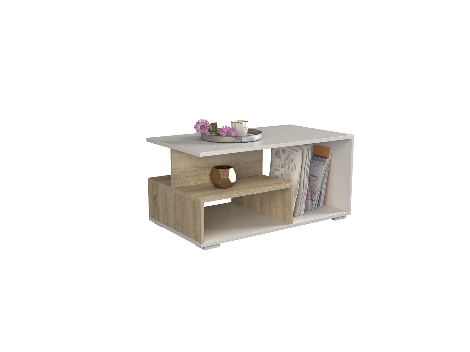 Tavolino da salotto 91x51x43 cm con vani a giorno bianco/rovere TST4