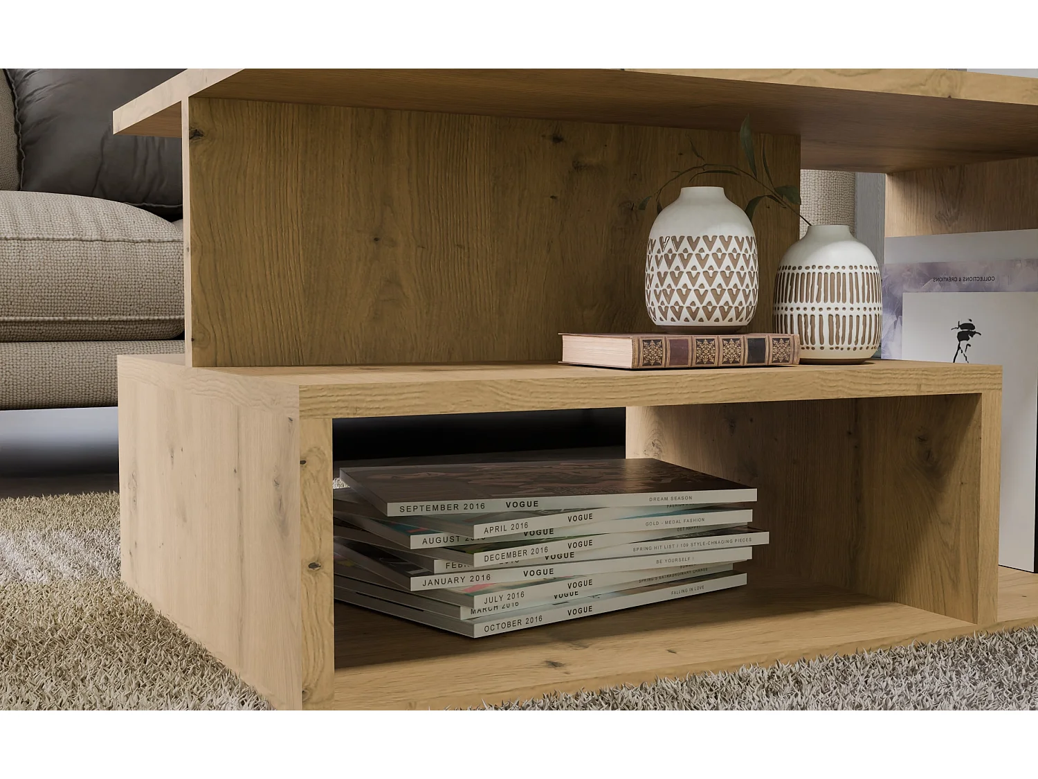 Tavolino da salotto 91x51x43 cm con vani a giorno rovere TST4