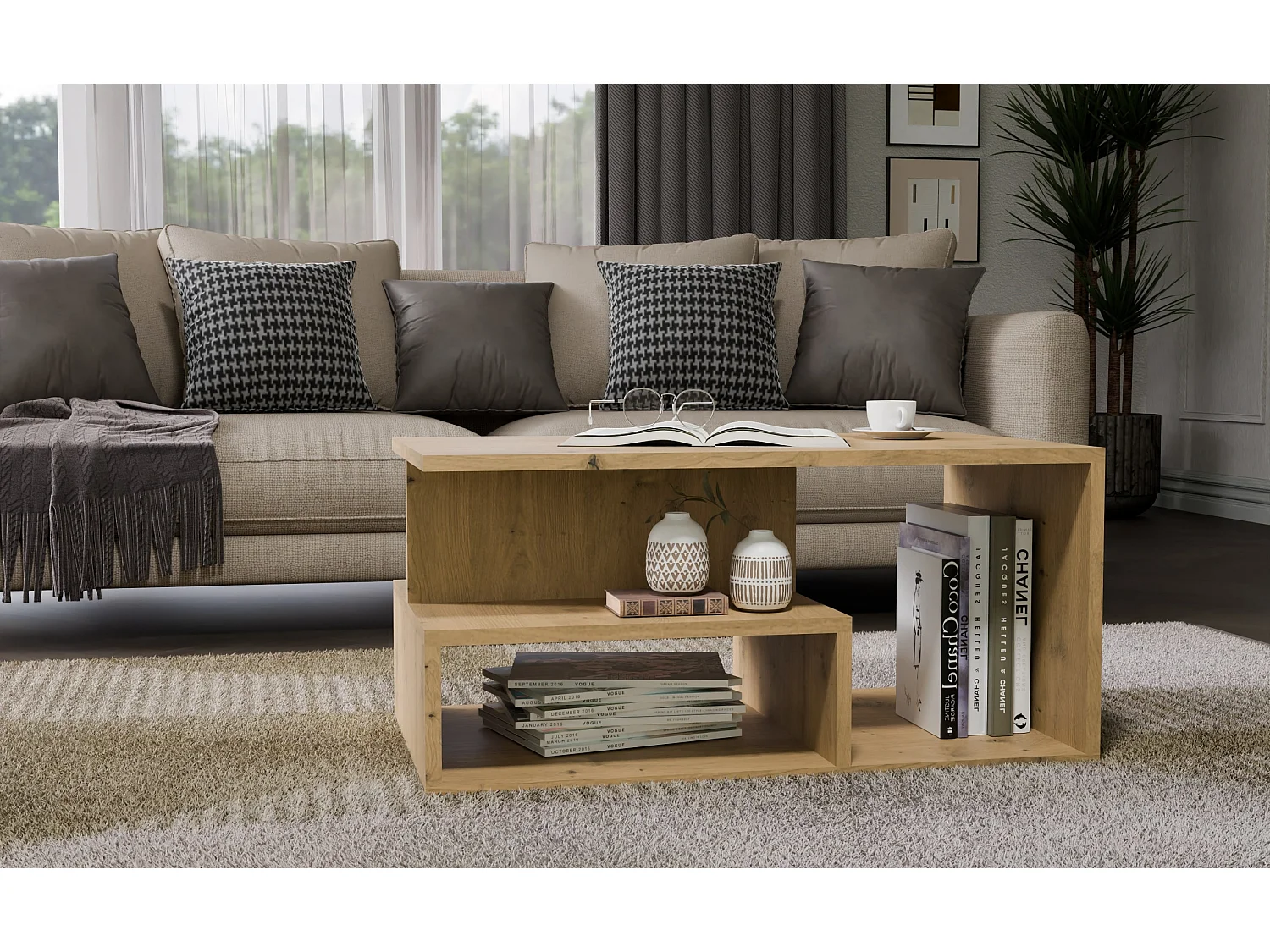 Tavolino da salotto 91x51x43 cm con vani a giorno rovere TST4