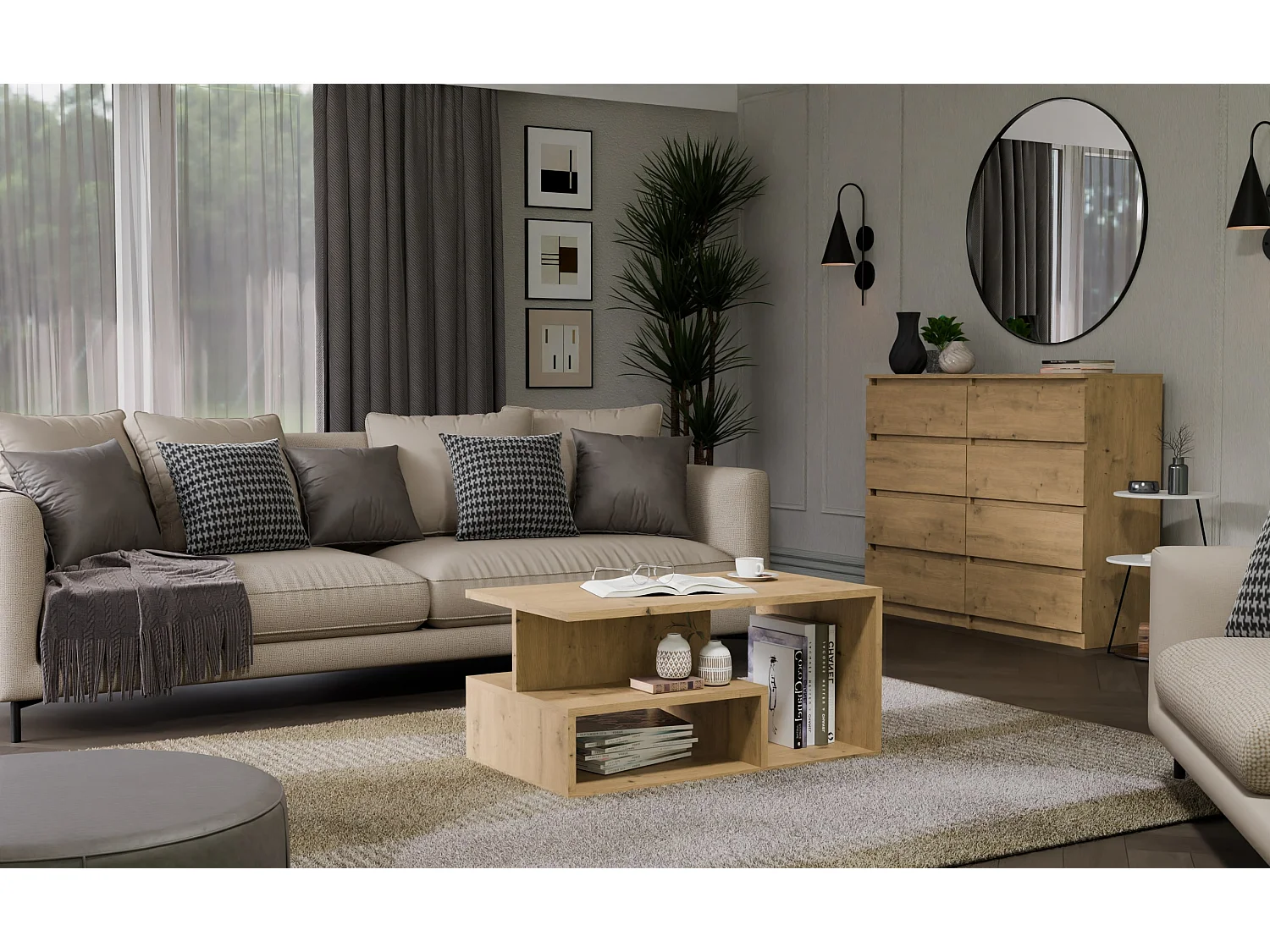 Tavolino da salotto 91x51x43 cm con vani a giorno rovere TST4