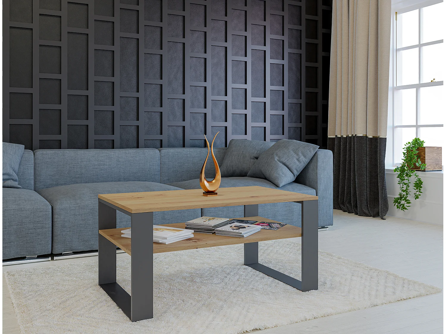 Tavolino da salotto moderno 58x50x90 cm con 2 ripiani rovere e antracite TST9