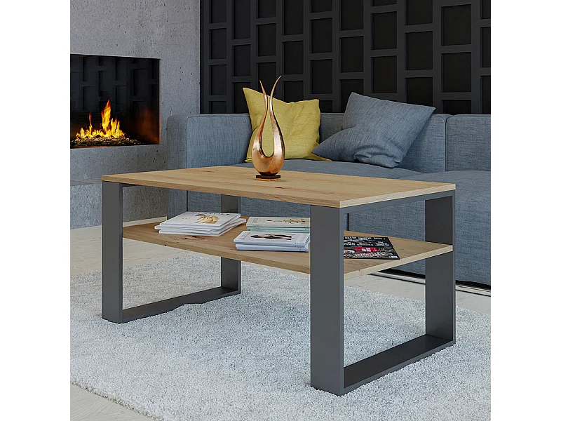 Tavolino da salotto moderno 58x50x90 cm con 2 ripiani rovere e antracite TST9