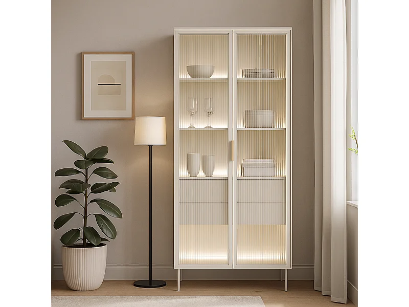 Vetrina alta moderna con cassetti push-pull e luce LED beige cashmere VLK13