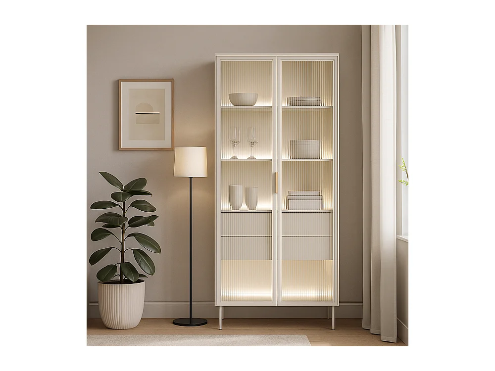 Vetrina alta moderna con cassetti push-pull e luce LED beige cashmere VLK13