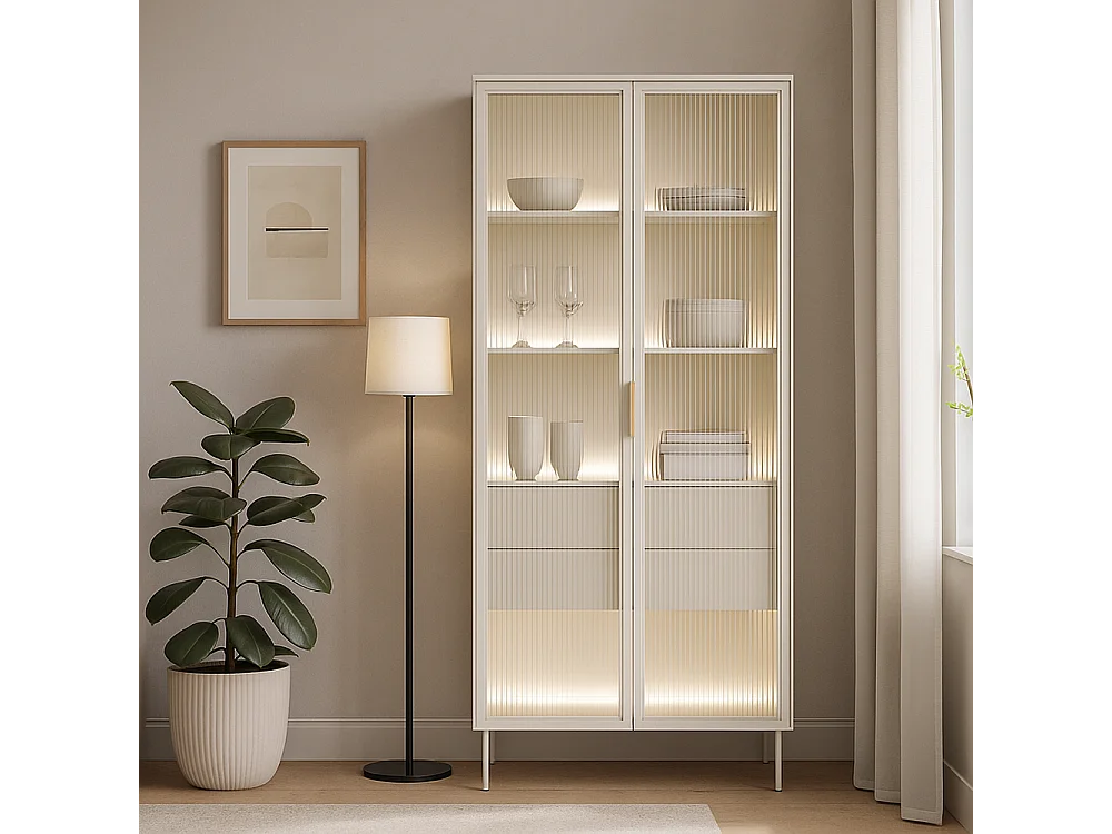 Vetrina alta moderna con cassetti push-pull e luce LED beige cashmere VLK13