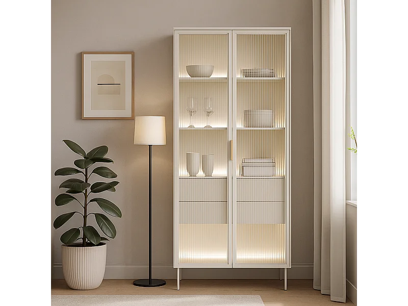 Vetrina alta moderna con cassetti push-pull e luce LED beige cashmere VLK13