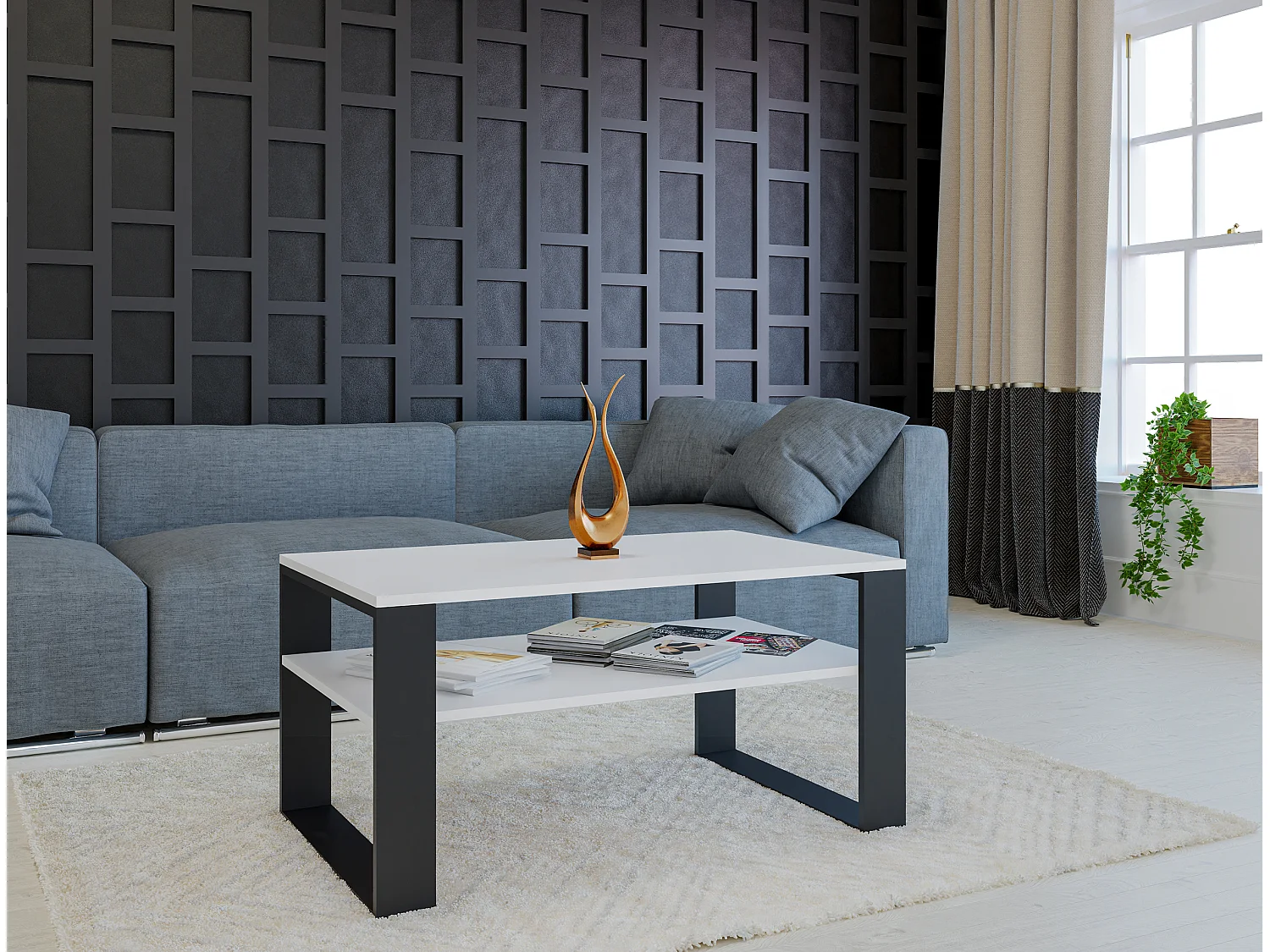 Tavolino da salotto moderno 58x50x90 cm con 2 ripiani bianco e nero TST9