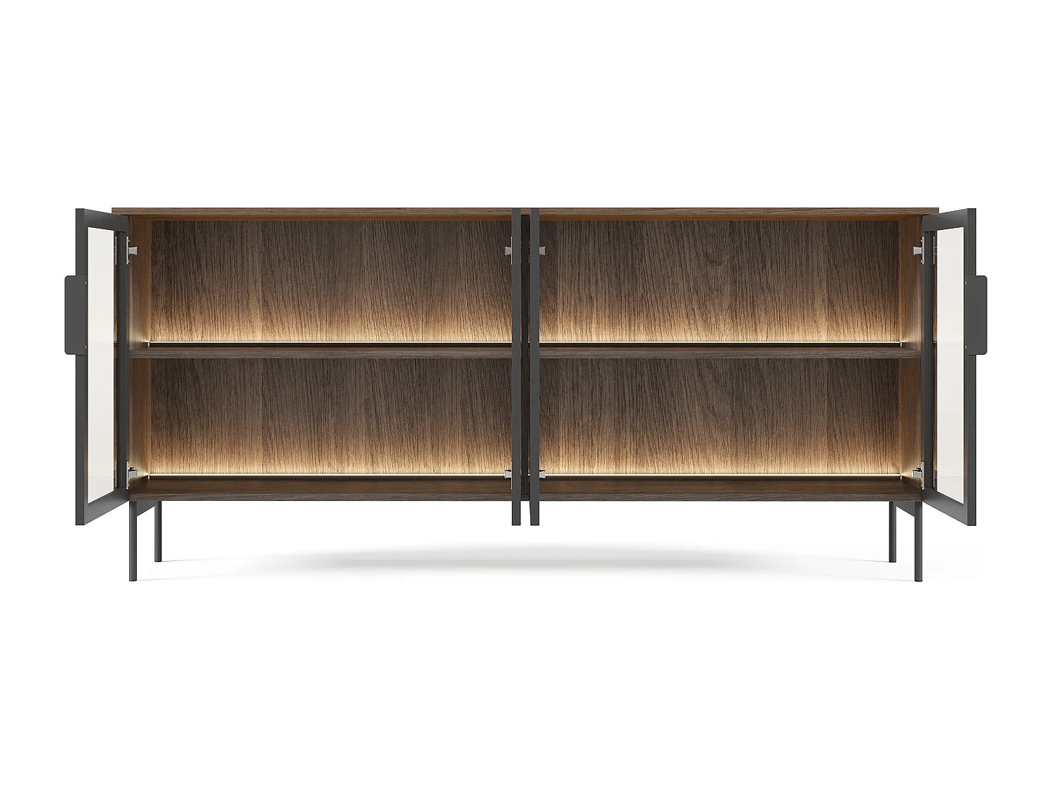 Madia moderna con 4 ante in vetro temperato e luce LED quercia scura e nero MALK40