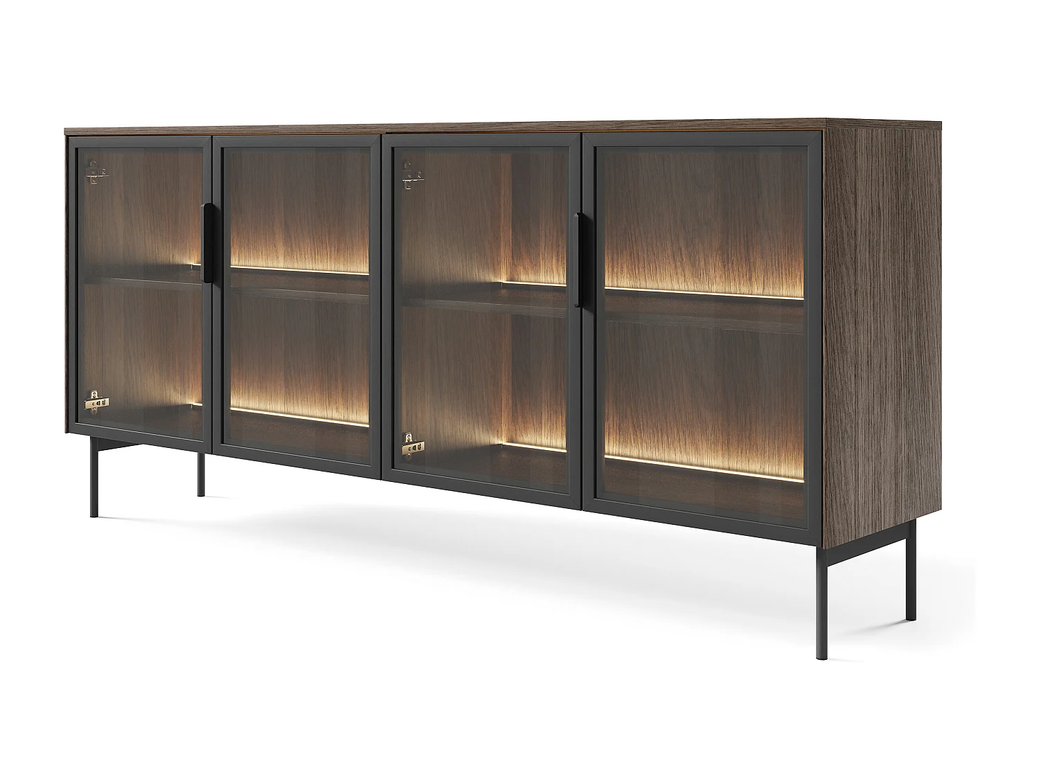 Madia moderna con 4 ante in vetro temperato e luce LED quercia scura e nero MALK40