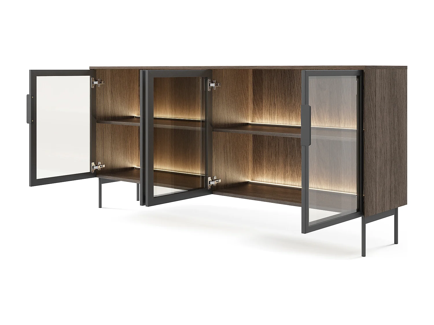 Madia moderna con 4 ante in vetro temperato e luce LED quercia scura e nero MALK40