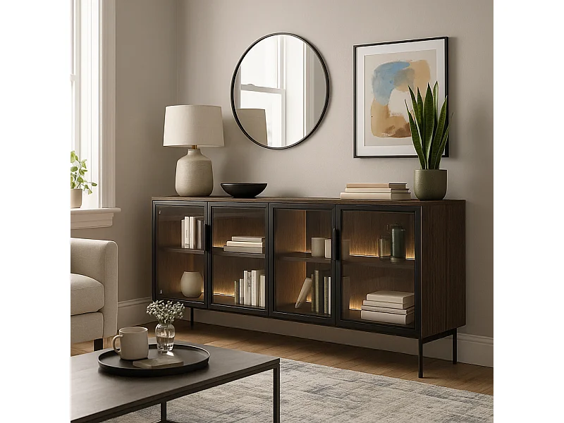 Madia moderna con 4 ante in vetro temperato e luce LED quercia scura e nero MALK40