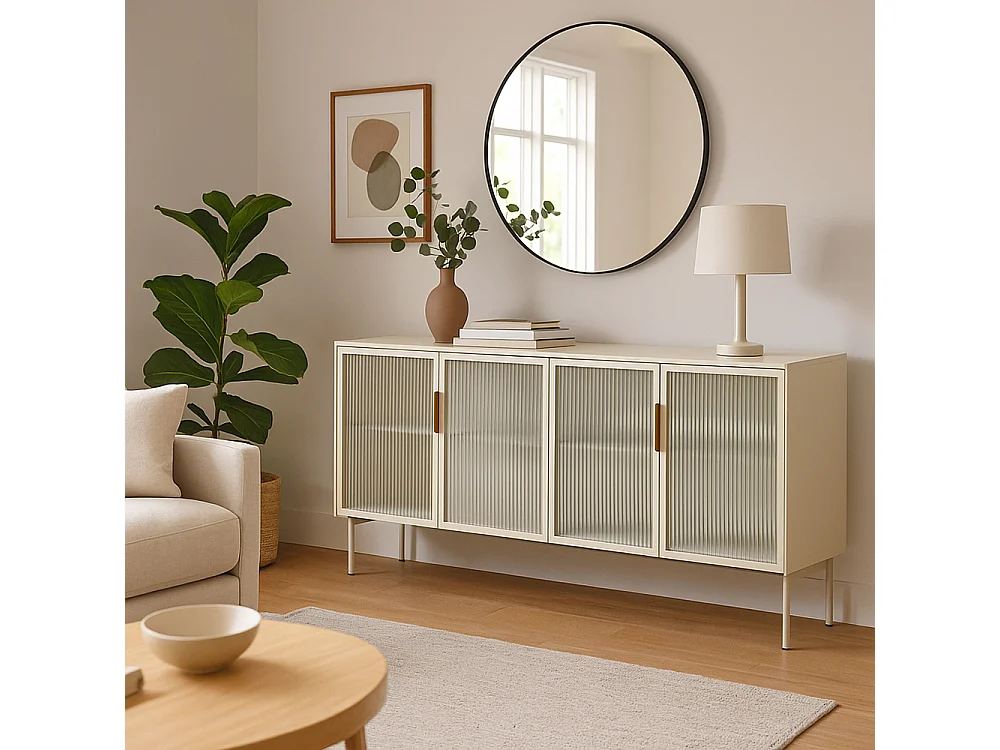 Madia moderna con 4 ante in vetro temperato e luce LED cashmere MALK40