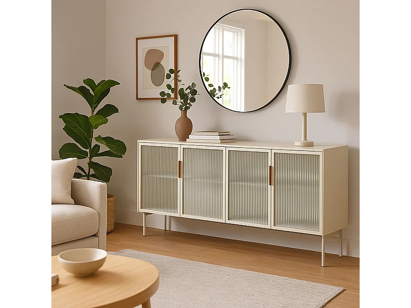 Madia moderna con 4 ante in vetro temperato e luce LED cashmere MALK40